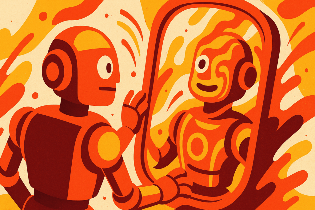 Robot Looks In A Mirror At A Distorted Image